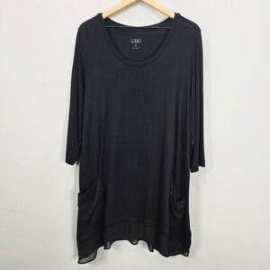 LOGO Lori Goldstein Tunic Top 2X Black Jersey Chiffon Trim 3/4 Sleeve Pockets
